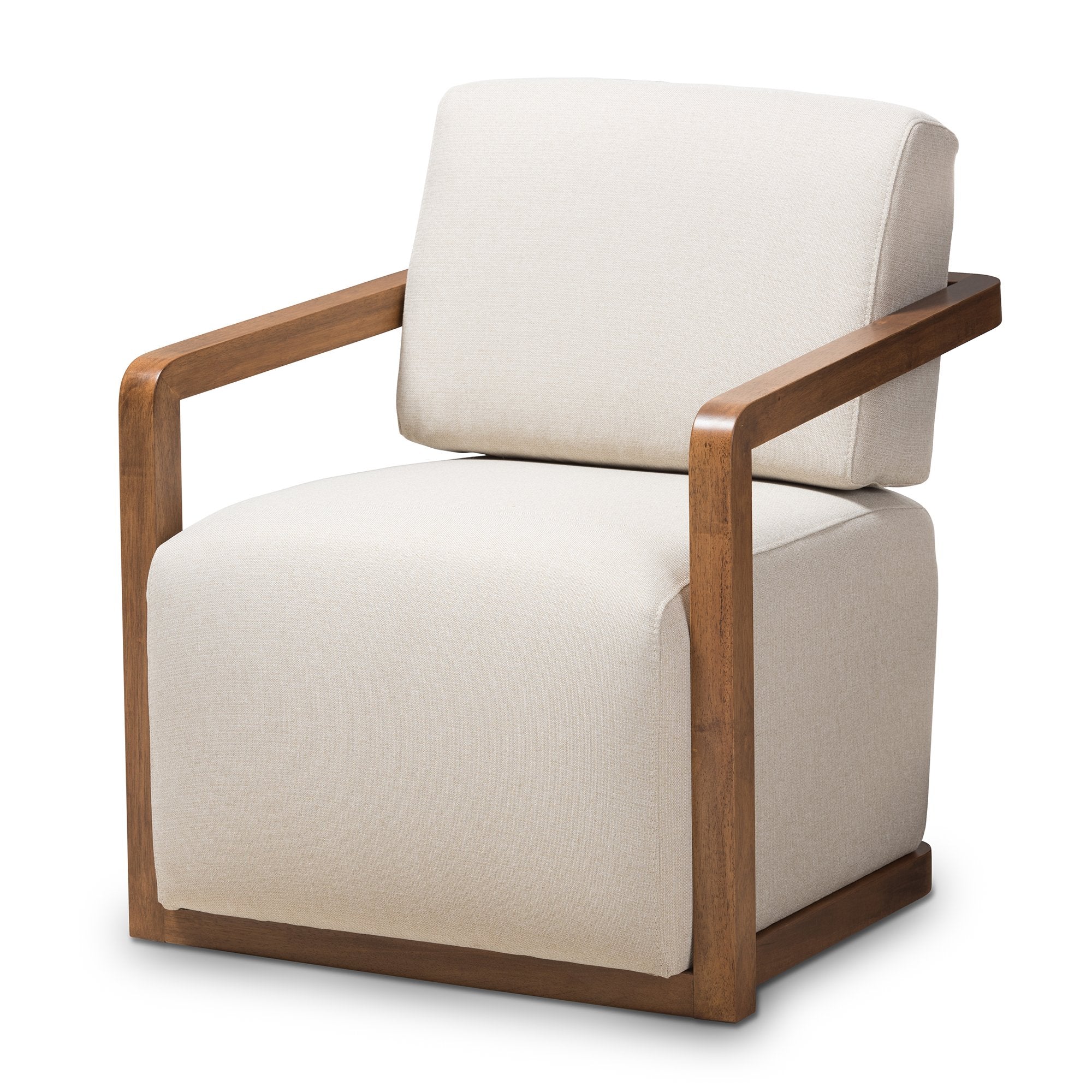 Baxton Studio Sawyer Mid-Century Modern Light Beige Fabric Upholstered Walnut Wood Armchair