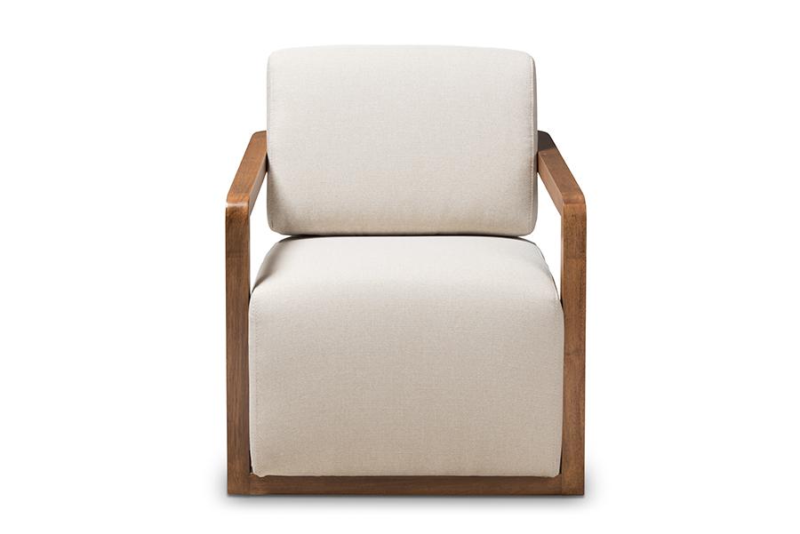 Baxton Studio Sawyer Mid-Century Modern Light Beige Fabric Upholstered Walnut Wood Armchair