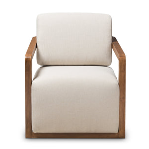 Baxton Studio Sawyer Mid-Century Modern Light Beige Fabric Upholstered Walnut Wood Armchair