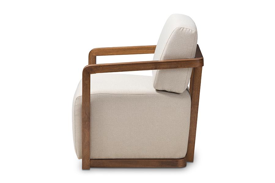 Baxton Studio Sawyer Mid-Century Modern Light Beige Fabric Upholstered Walnut Wood Armchair