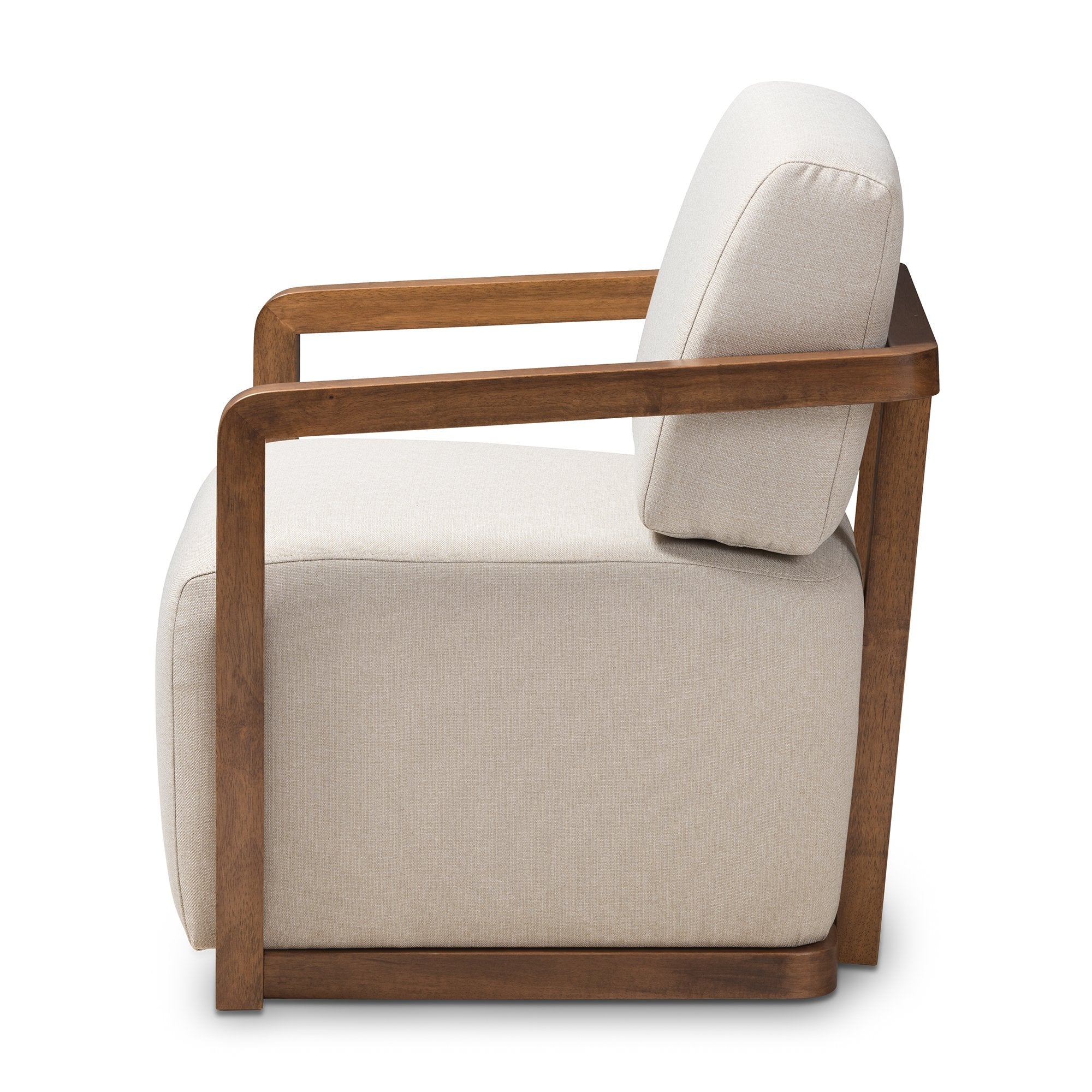 Baxton Studio Sawyer Mid-Century Modern Light Beige Fabric Upholstered Walnut Wood Armchair