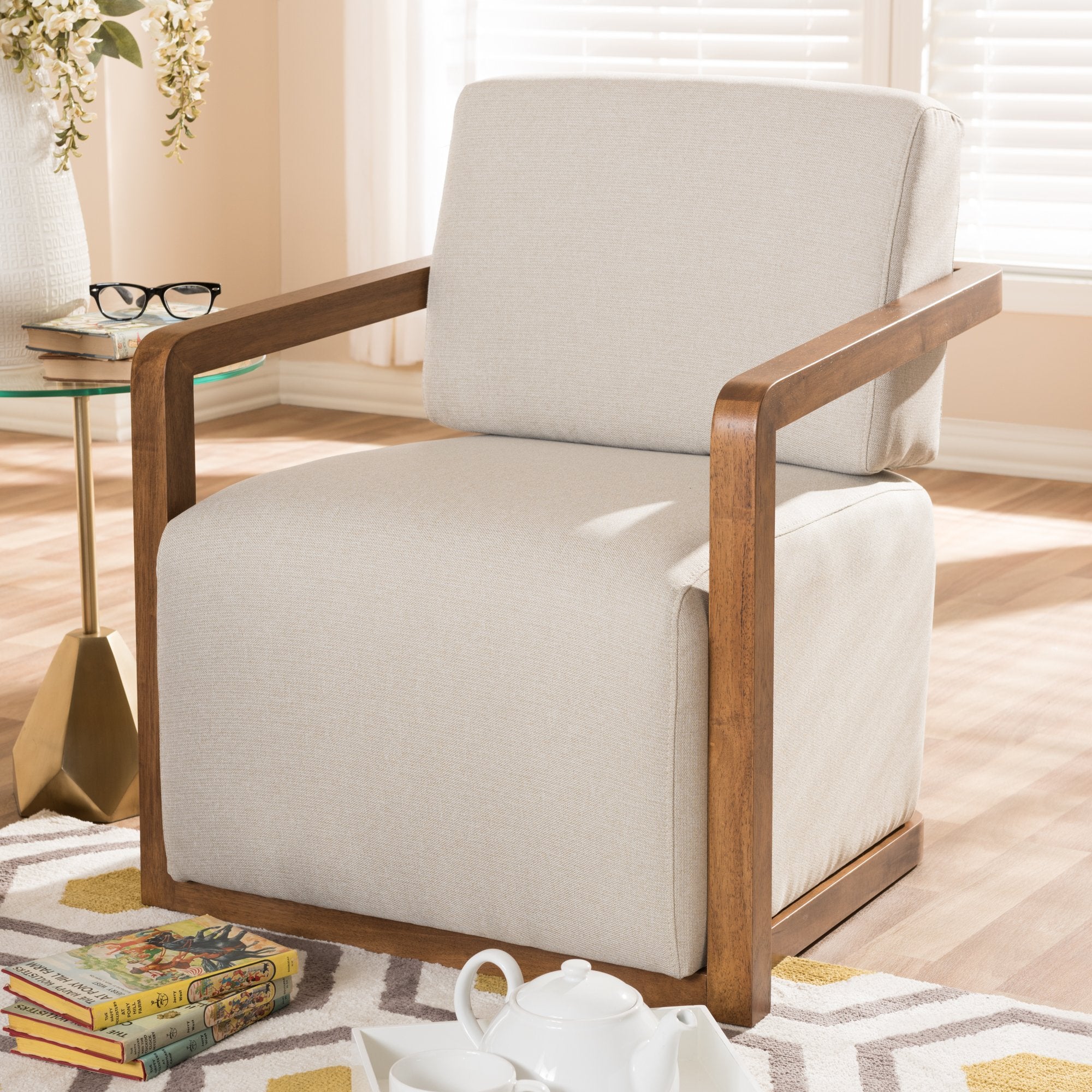 Baxton Studio Sawyer Mid-Century Modern Light Beige Fabric Upholstered Walnut Wood Armchair