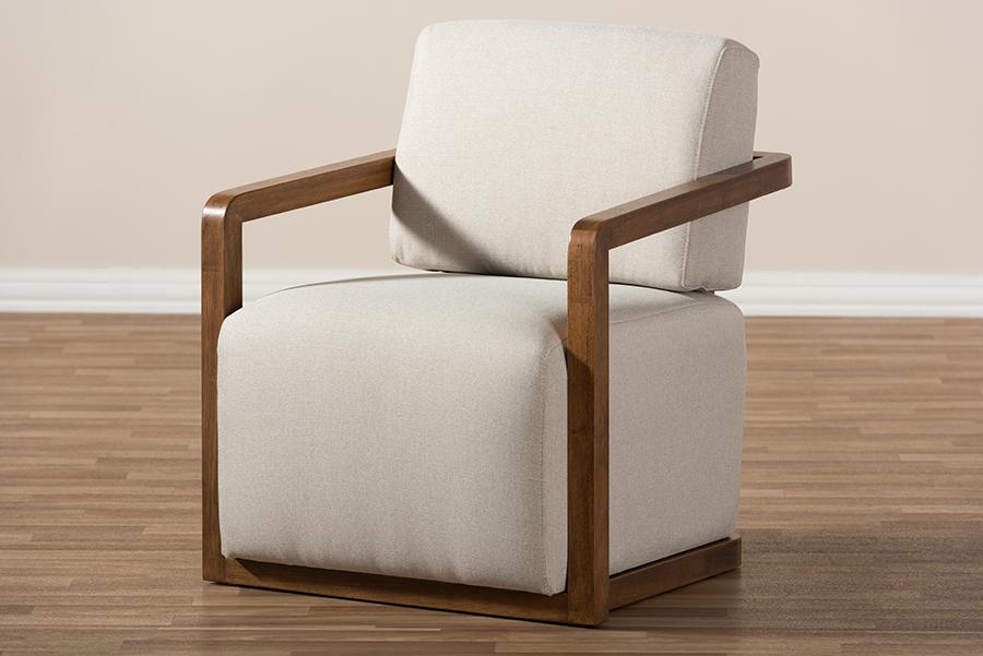 Baxton Studio Sawyer Mid-Century Modern Light Beige Fabric Upholstered Walnut Wood Armchair