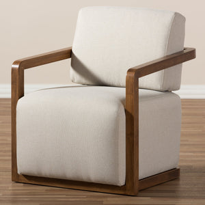 Baxton Studio Sawyer Mid-Century Modern Light Beige Fabric Upholstered Walnut Wood Armchair