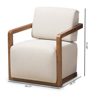 Baxton Studio Sawyer Mid-Century Modern Light Beige Fabric Upholstered Walnut Wood Armchair