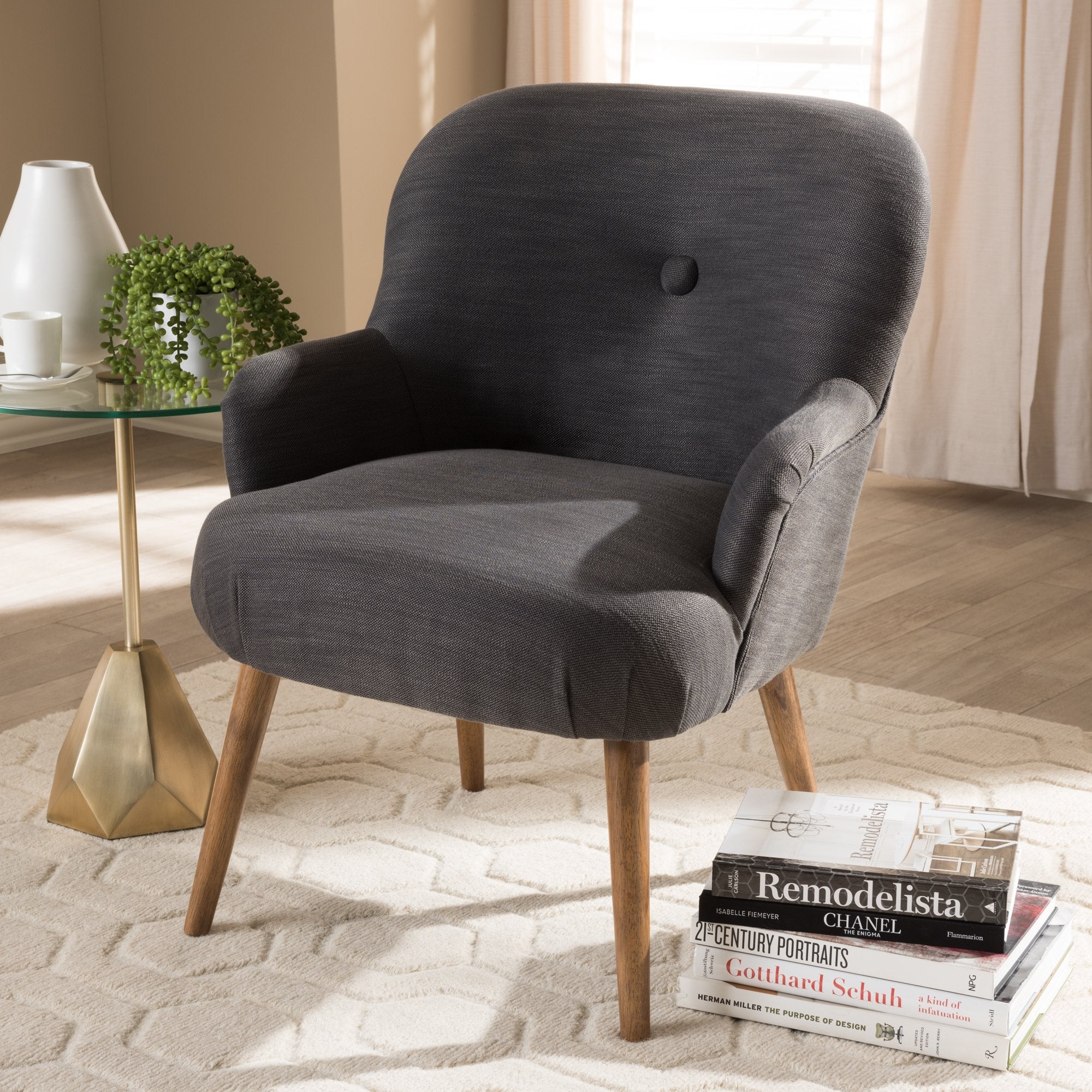 Baxton Studio Linnea Mid-Century Modern Grey Fabric Upholstered Walnut Finished Wood Lounge Chair