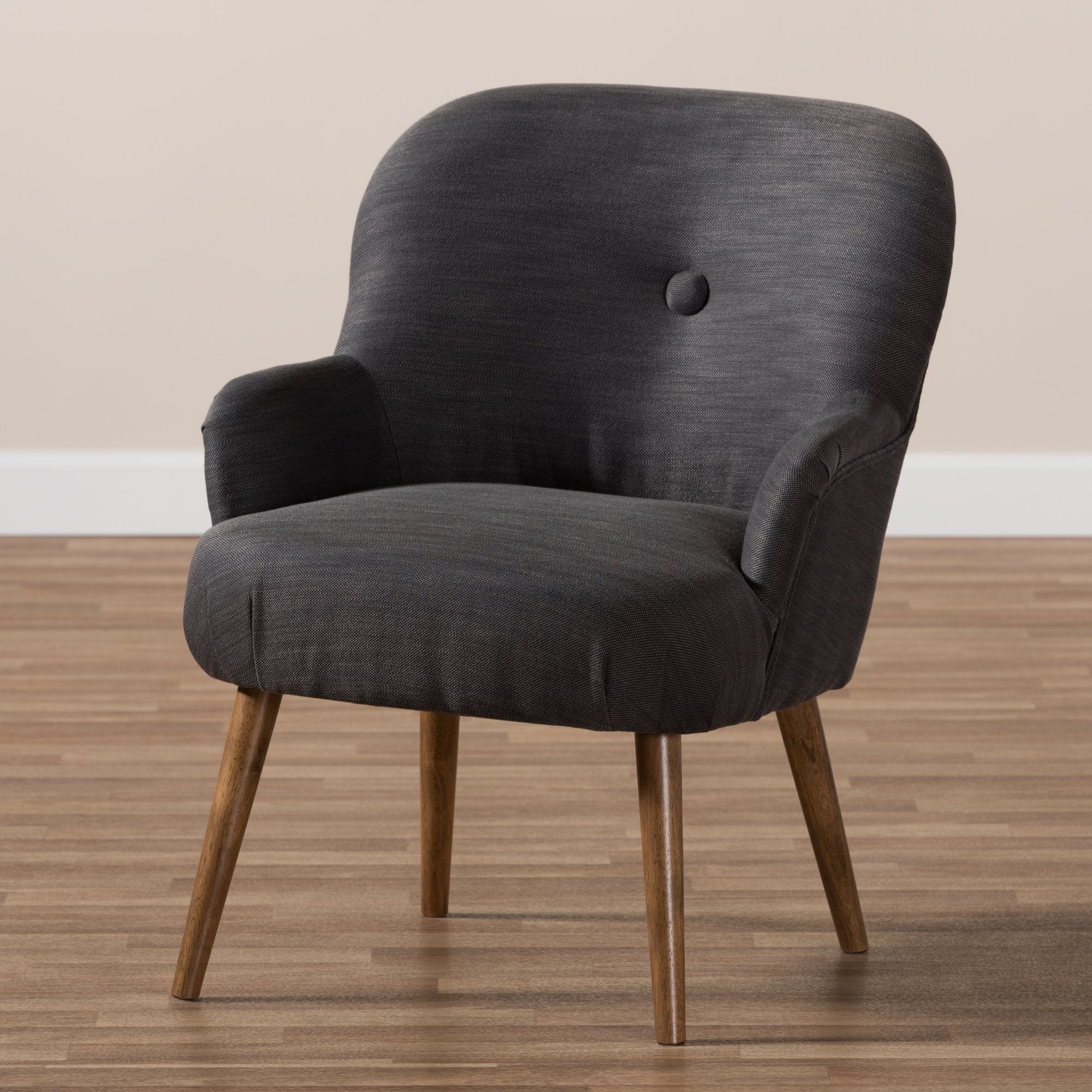 Baxton Studio Linnea Mid-Century Modern Grey Fabric Upholstered Walnut Finished Wood Lounge Chair