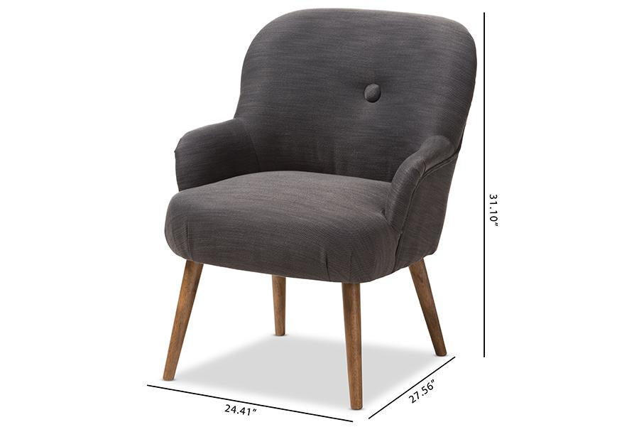 Baxton Studio Linnea Mid-Century Modern Grey Fabric Upholstered Walnut Finished Wood Lounge Chair