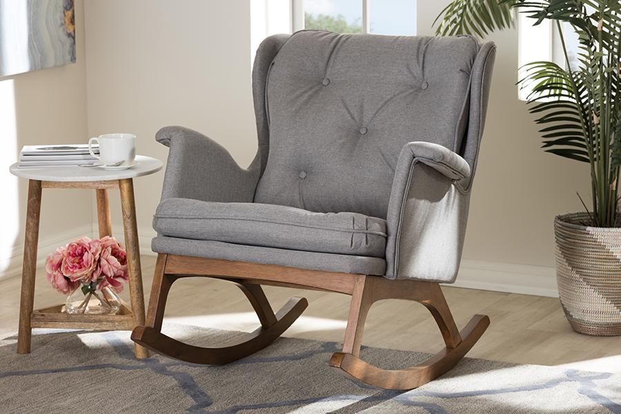 Baxton Studio Maggie Mid-Century Modern Grey Fabric Upholstered Walnut-Finished Rocking Chair