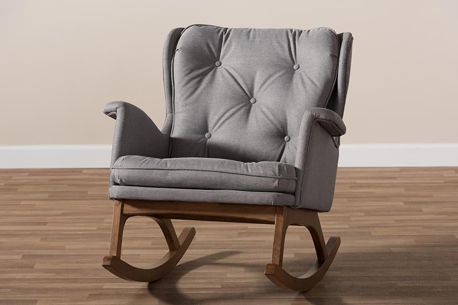 Baxton Studio Maggie Mid-Century Modern Grey Fabric Upholstered Walnut-Finished Rocking Chair