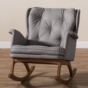 Baxton Studio Maggie Mid-Century Modern Grey Fabric Upholstered Walnut-Finished Rocking Chair