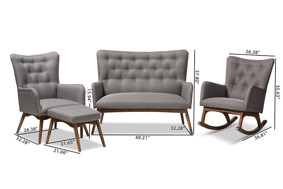 Baxton Studio Waldmann Mid-Century Modern Grey Fabric Upholstered 4-Piece Livingroom Set