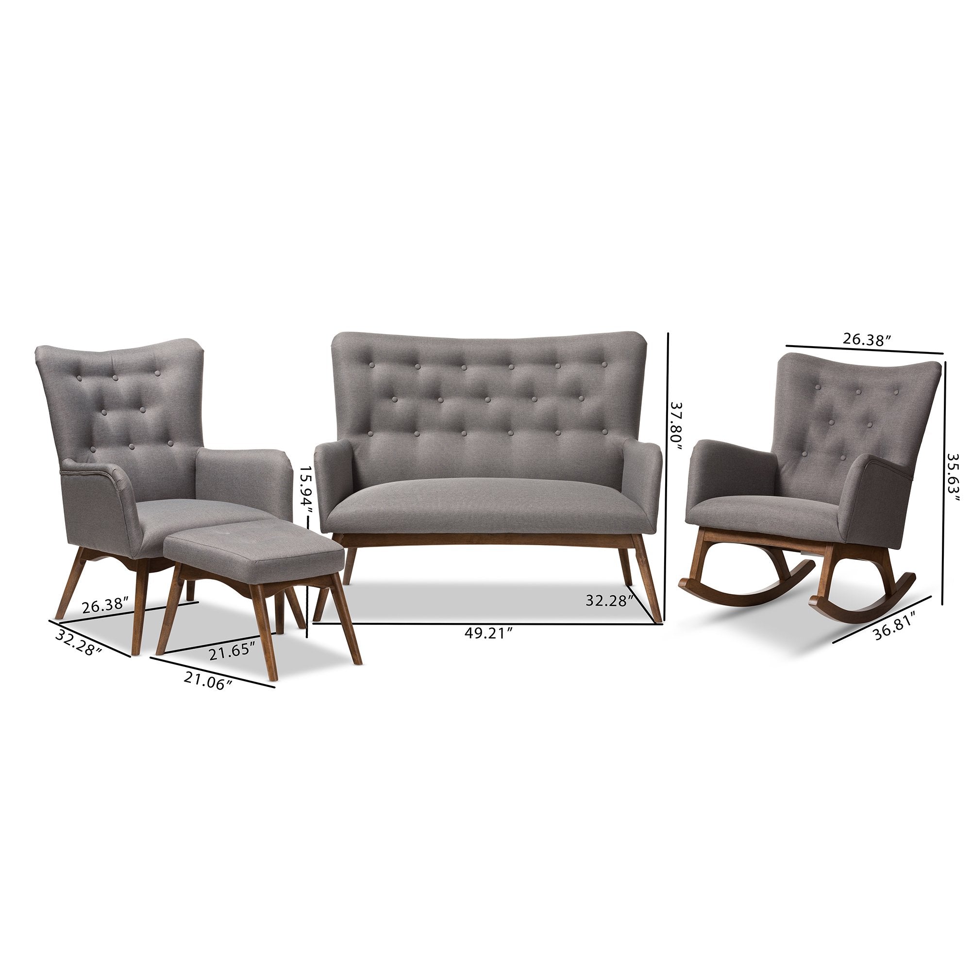 Baxton Studio Waldmann Mid-Century Modern Grey Fabric Upholstered 4-Piece Livingroom Set