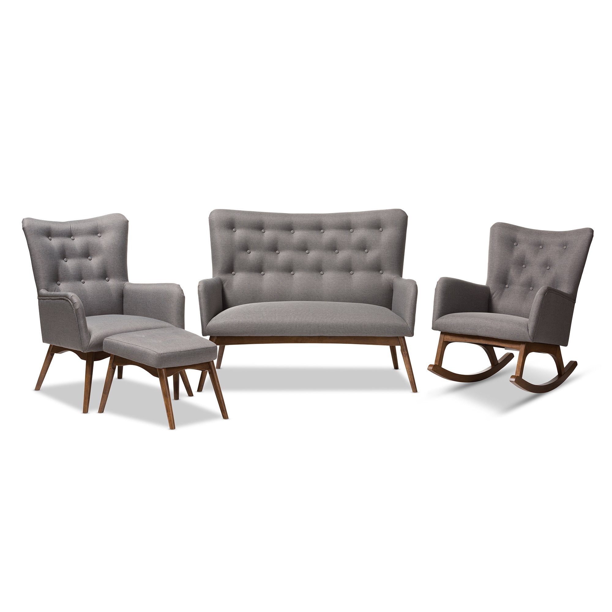 Baxton Studio Waldmann Mid-Century Modern Grey Fabric Upholstered 4-Piece Livingroom Set