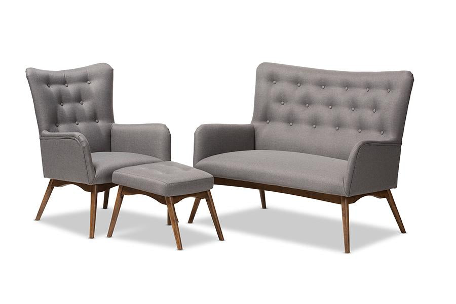 Baxton Studio Waldmann Mid-Century Modern Grey Fabric Upholstered 3-Piece Livingroom Set