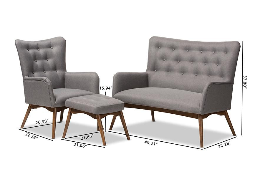 Baxton Studio Waldmann Mid-Century Modern Grey Fabric Upholstered 3-Piece Livingroom Set