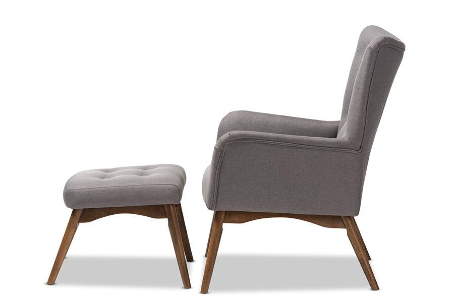 Baxton Studio Waldmann Mid-Century Modern Grey Fabric Upholstered Lounge Chair and Ottoman Set