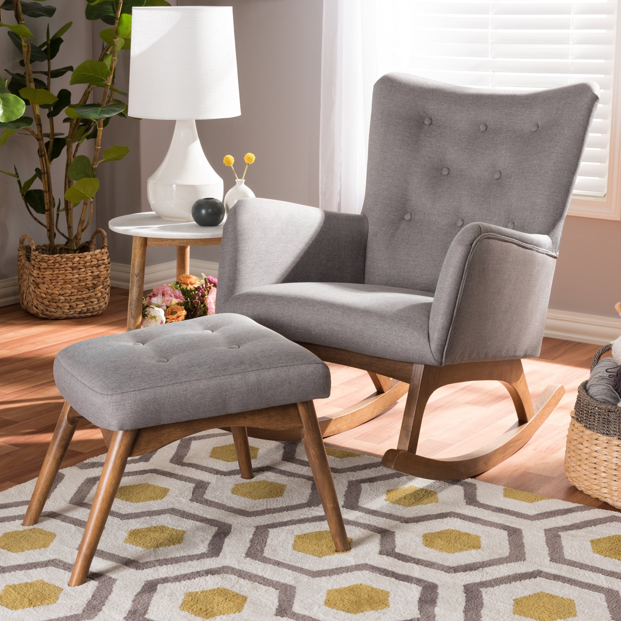 Baxton Studio Waldmann Mid-Century Modern Grey Fabric Upholstered Rocking Chair and Ottoman Set