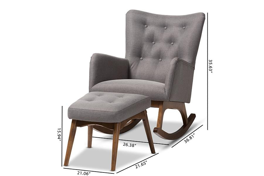 Baxton Studio Waldmann Mid-Century Modern Grey Fabric Upholstered Rocking Chair and Ottoman Set