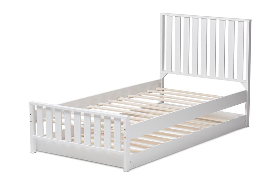 Baxton Studio Harlan Modern Classic Mission Style White-Finished Wood Twin Platform Bed with Trundle