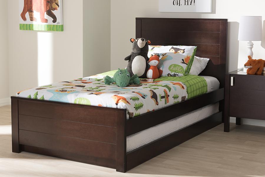 Baxton Studio Catalina Modern Classic Mission Style Dark Brown-Finished Wood Twin Platform Bed with Trundle