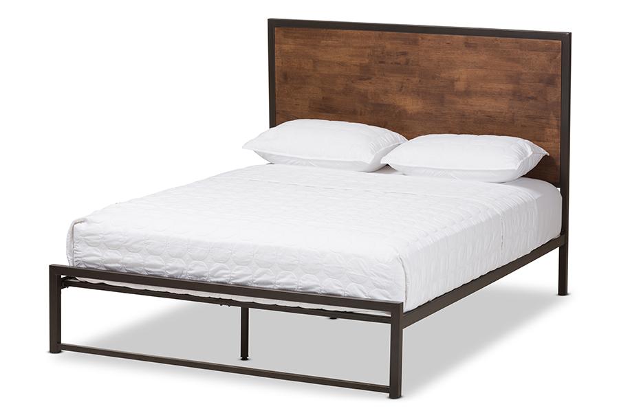 Baxton Studio Santa Rustic Industrial Black Finished Metal Coco Brown Wood Queen Size Platform Bed