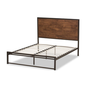 Baxton Studio Santa Rustic Industrial Black Finished Metal Coco Brown Wood Queen Size Platform Bed