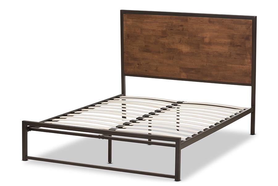 Baxton Studio Santa Rustic Industrial Black Finished Metal Coco Brown Wood Queen Size Platform Bed