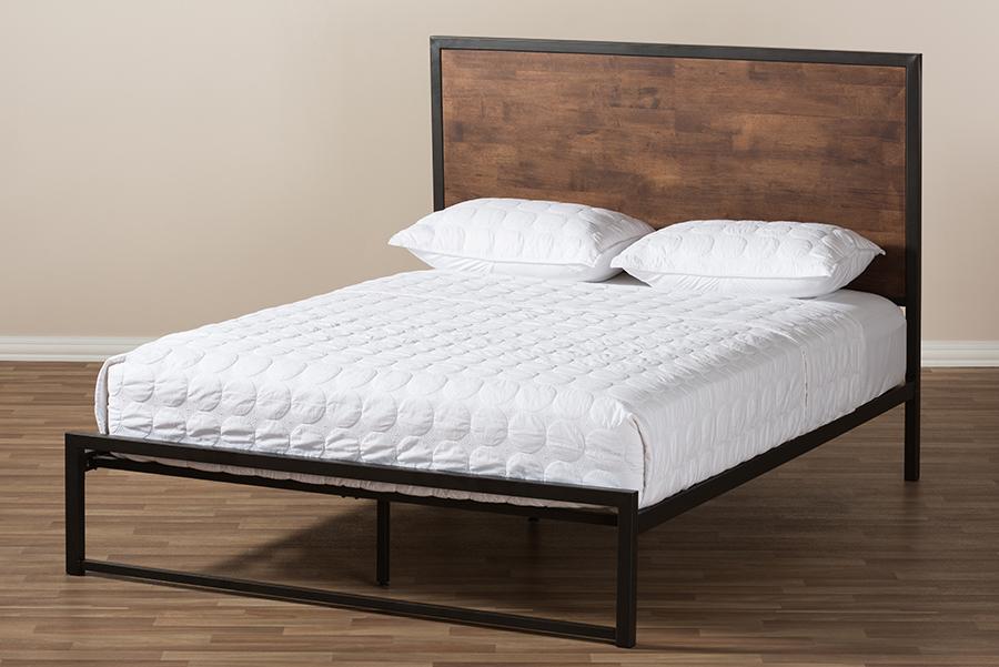 Baxton Studio Santa Rustic Industrial Black Finished Metal Coco Brown Wood Full Size Platform Bed