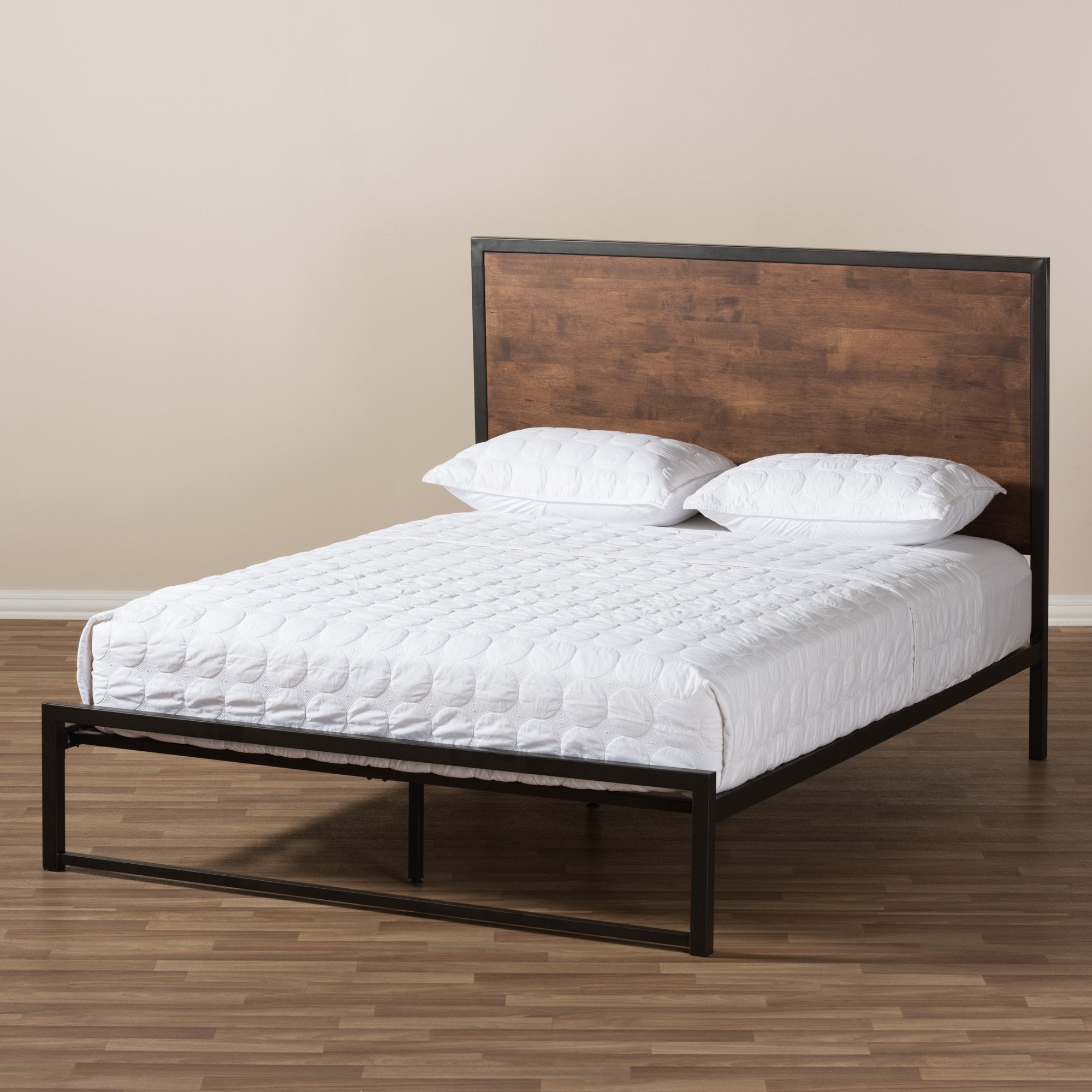 Baxton Studio Santa Rustic Industrial Black Finished Metal Coco Brown Wood Queen Size Platform Bed