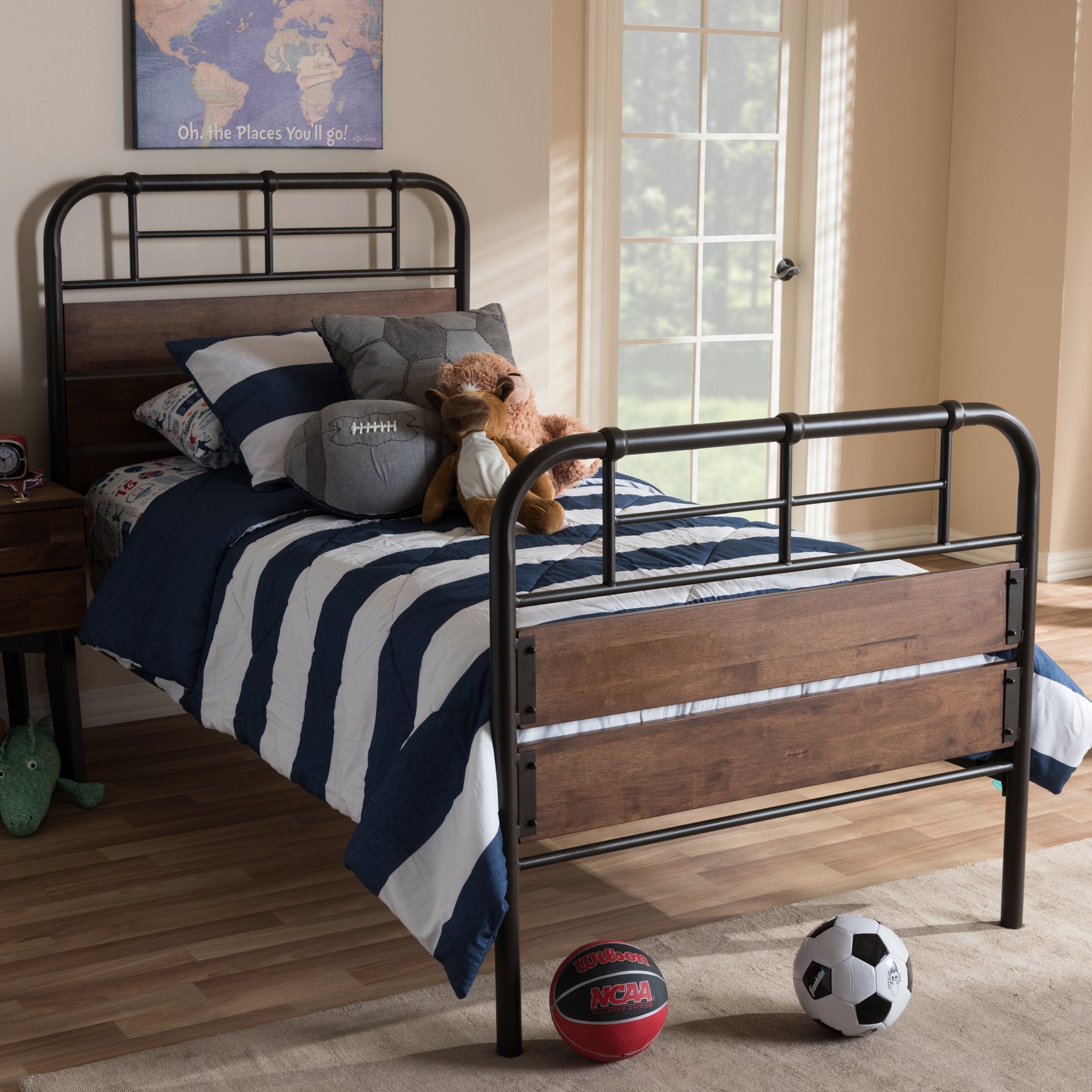 Baxton Studio Monoco Rustic Industrial Black Finished Metal Coco Brown Wood Twin Size Platform Bed