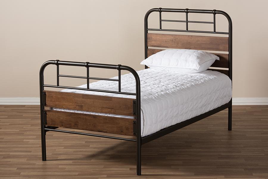 Baxton Studio Monoco Rustic Industrial Black Finished Metal Coco Brown Wood Twin Size Platform Bed