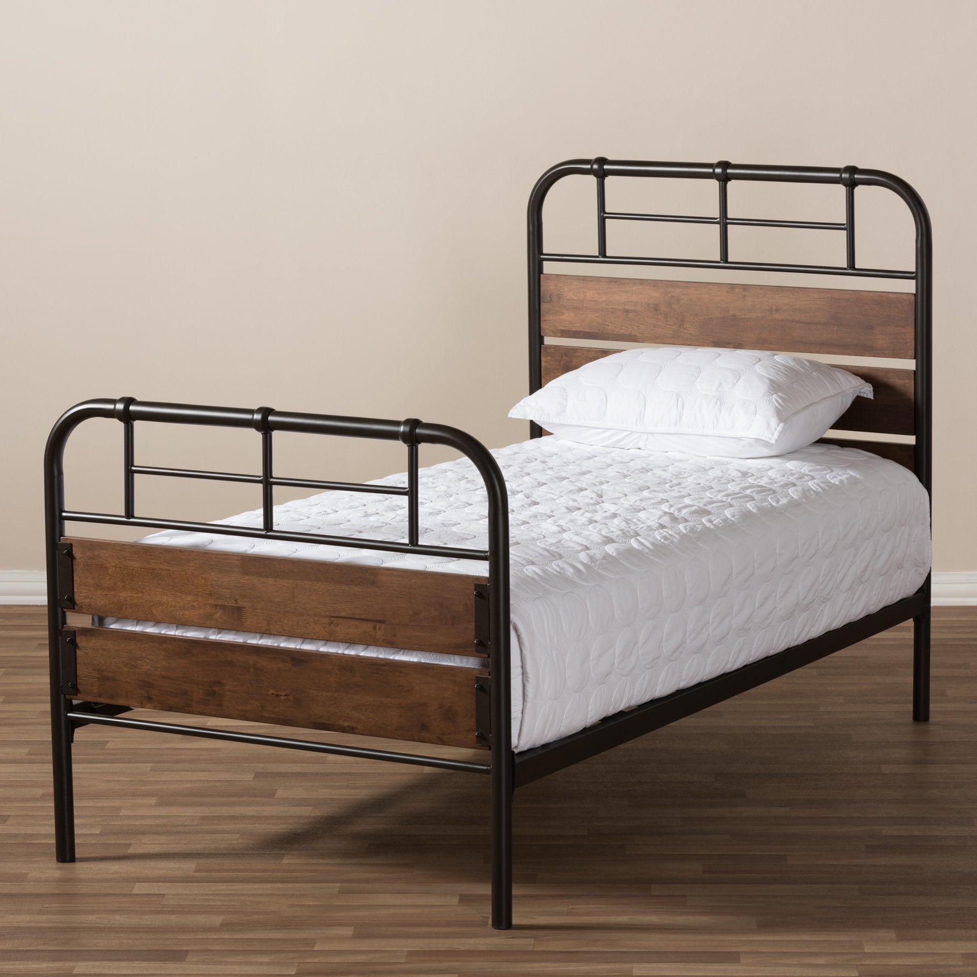 Baxton Studio Monoco Rustic Industrial Black Finished Metal Coco Brown Wood Twin Size Platform Bed