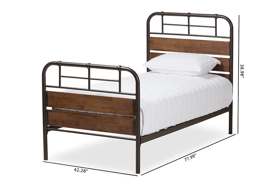 Baxton Studio Monoco Rustic Industrial Black Finished Metal Coco Brown Wood Twin Size Platform Bed