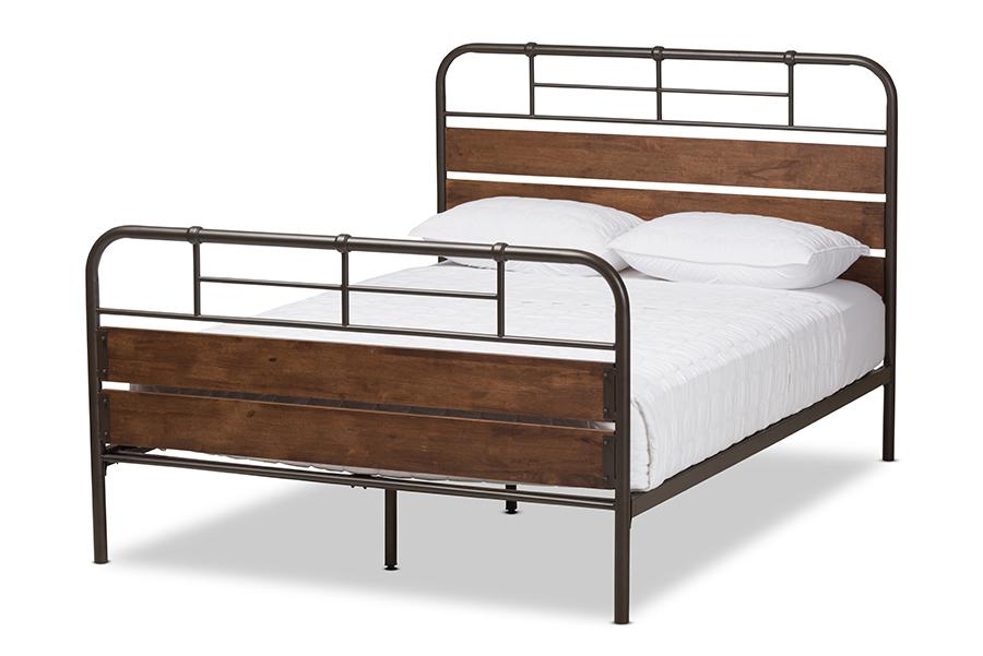 Baxton Studio Monoco Rustic Industrial Black Finished Metal Coco Brown Wood Queen Size Platform Bed