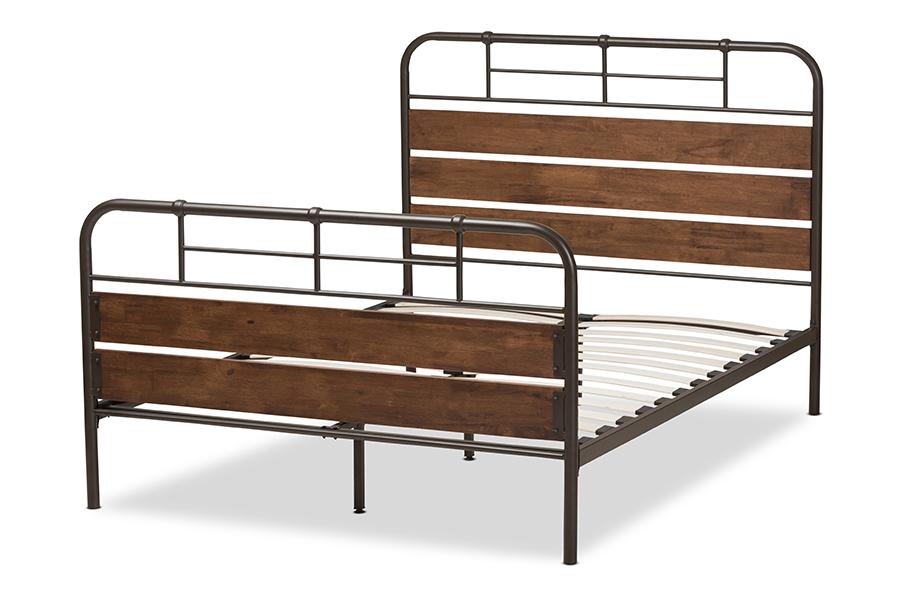 Baxton Studio Monoco Rustic Industrial Black Finished Metal Coco Brown Wood Queen Size Platform Bed