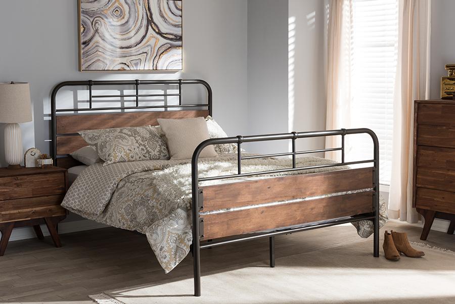 Baxton Studio Monoco Rustic Industrial Black Finished Metal Coco Brown Wood Queen Size Platform Bed