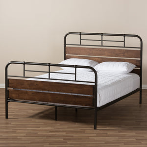 Baxton Studio Monoco Rustic Industrial Black Finished Metal Coco Brown Wood Queen Size Platform Bed