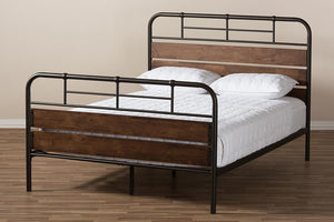 Baxton Studio Monoco Rustic Industrial Black Finished Metal Coco Brown Wood Queen Size Platform Bed