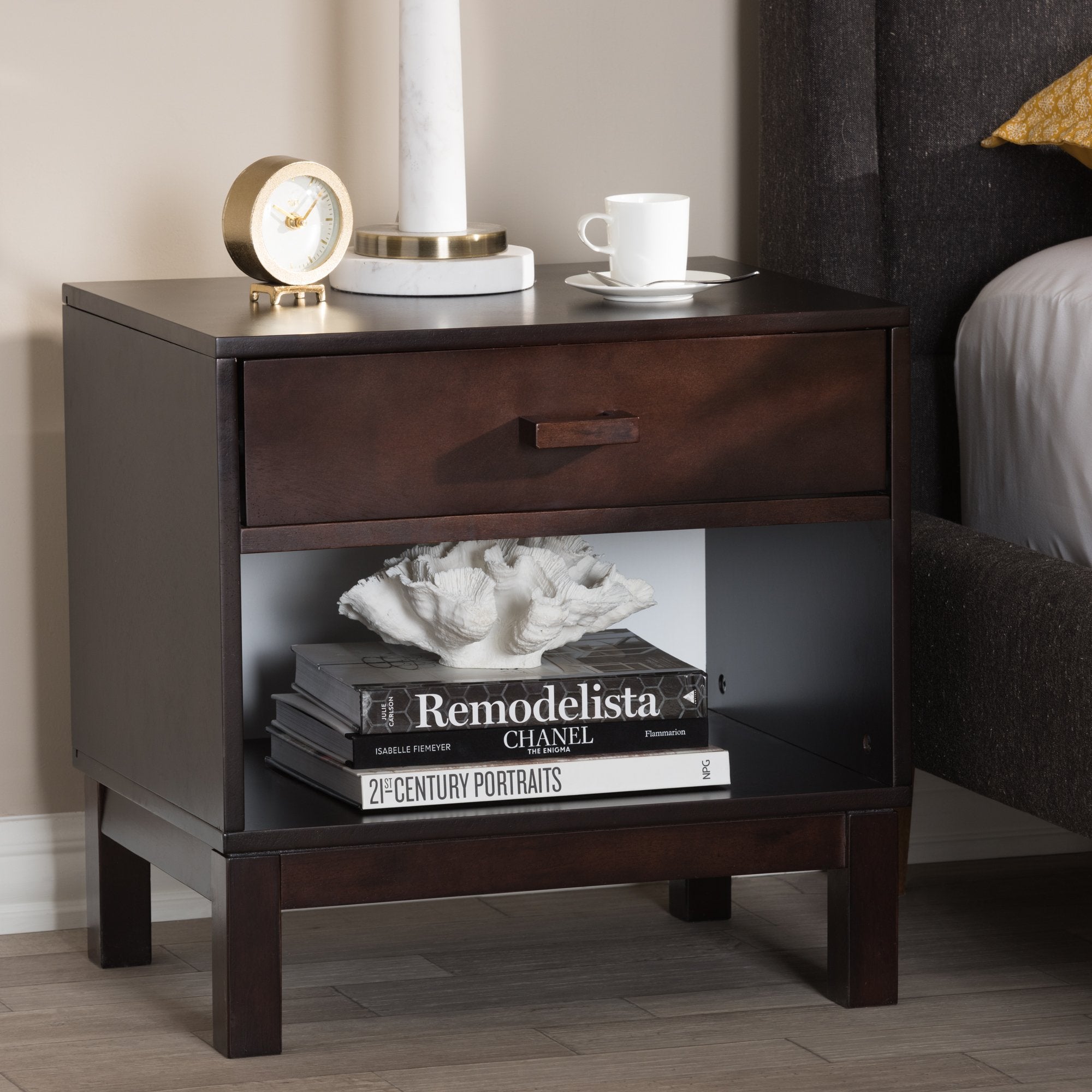 Baxton Studio Deirdre Modern and Contemporary Dark Brown Wood 1-Drawer Nightstand