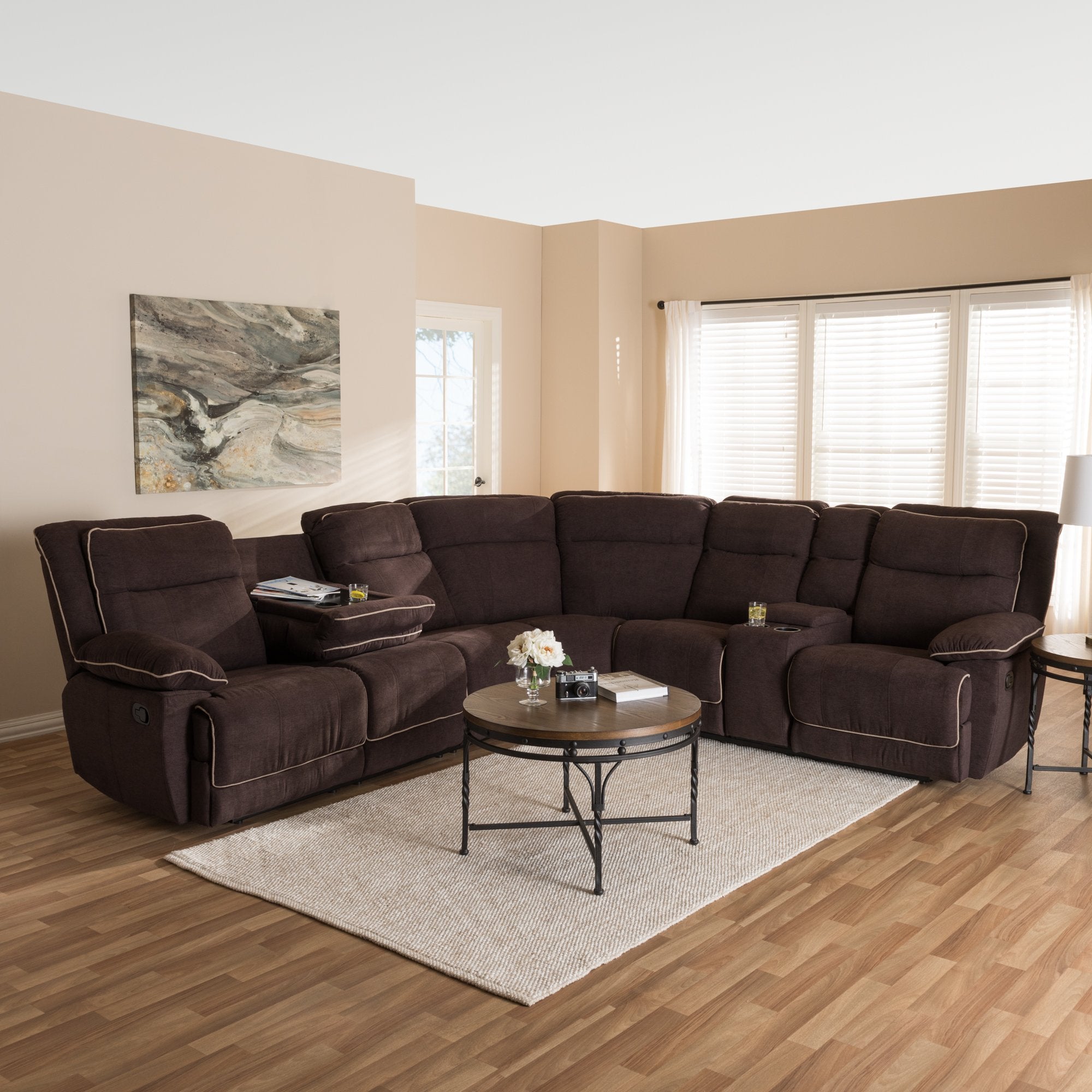 Baxton Studio Sabella Modern and Contemporary Light Brown Fabric Upholstered 7-Piece Reclining Sectional