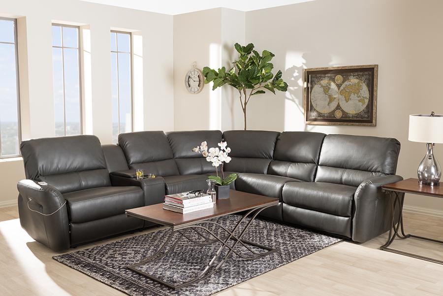 Baxton Studio Amaris Modern and Contemporary Grey Bonded Leather 5-Piece Power Reclining Sectional Sofa with USB Ports