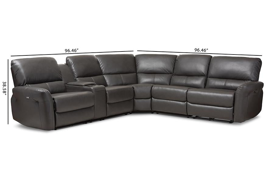 Baxton Studio Amaris Modern and Contemporary Grey Bonded Leather 5-Piece Power Reclining Sectional Sofa with USB Ports