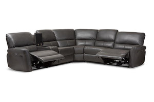 Baxton Studio Amaris Modern and Contemporary Grey Bonded Leather 5-Piece Power Reclining Sectional Sofa with USB Ports