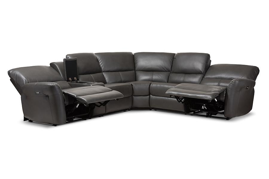 Baxton Studio Amaris Modern and Contemporary Grey Bonded Leather 5-Piece Power Reclining Sectional Sofa with USB Ports