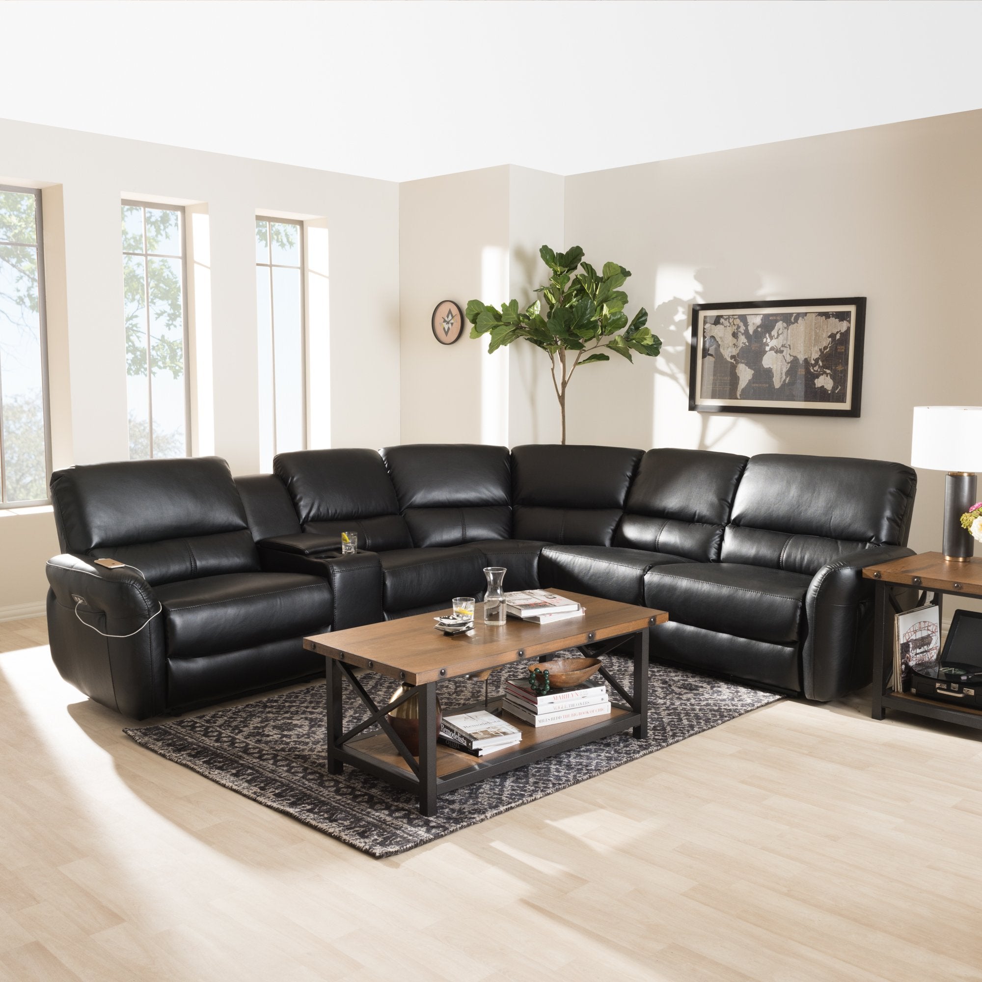 Baxton Studio Amaris Modern and Contemporary Black Bonded Leather 5-Piece Power Reclining Sectional Sofa with USB Ports