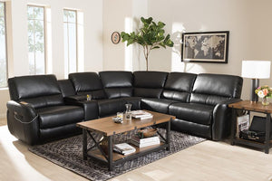 Baxton Studio Amaris Modern and Contemporary Black Bonded Leather 5-Piece Power Reclining Sectional Sofa with USB Ports