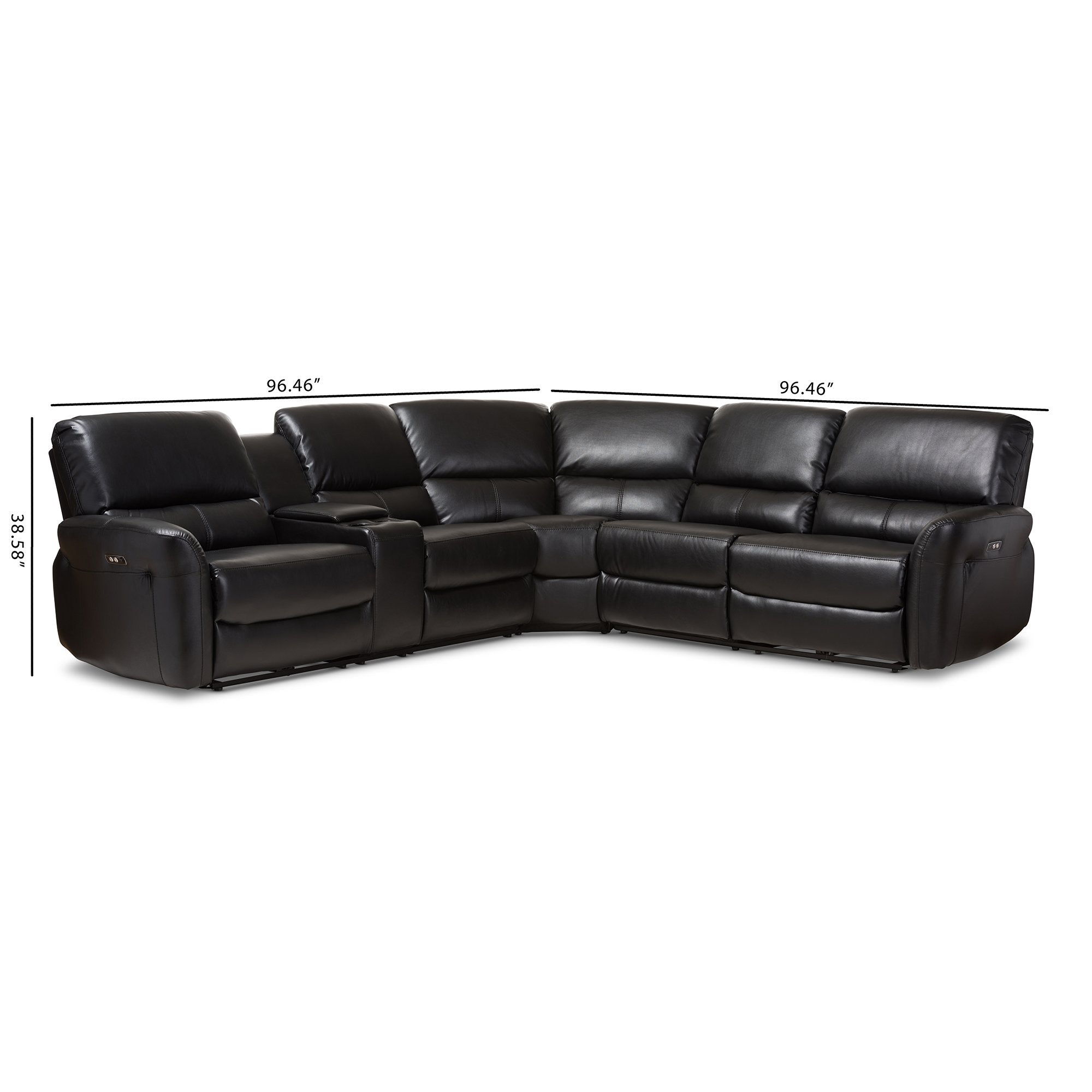 Baxton Studio Amaris Modern and Contemporary Black Bonded Leather 5-Piece Power Reclining Sectional Sofa with USB Ports