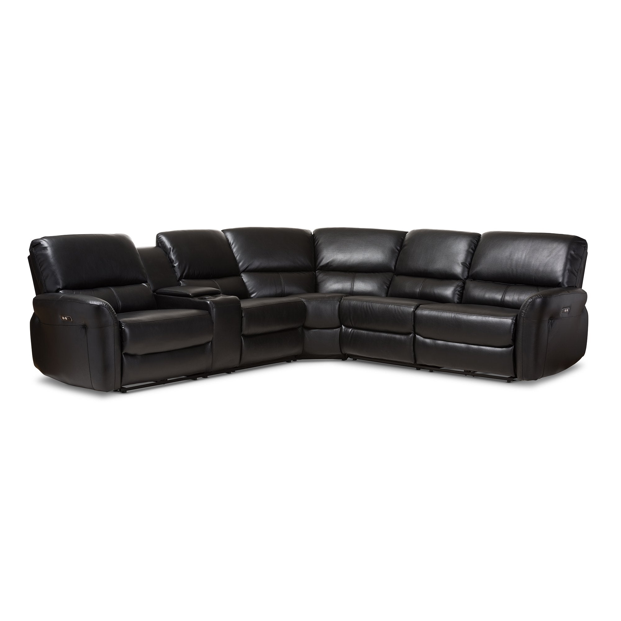 Baxton Studio Amaris Modern and Contemporary Black Bonded Leather 5-Piece Power Reclining Sectional Sofa with USB Ports