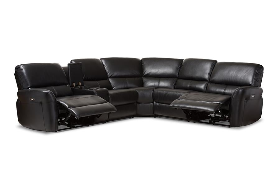 Baxton Studio Amaris Modern and Contemporary Black Bonded Leather 5-Piece Power Reclining Sectional Sofa with USB Ports